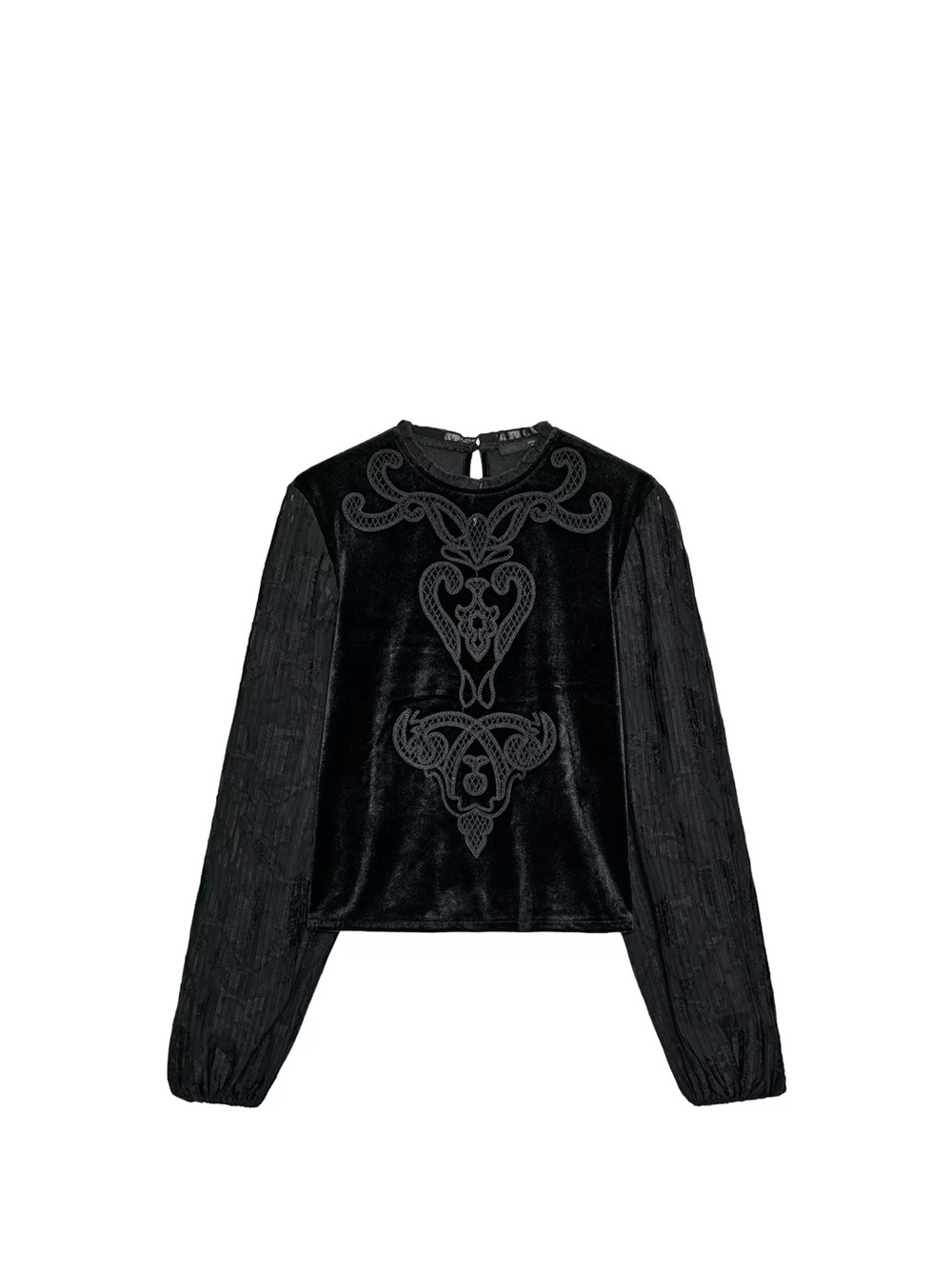 Zara Black Velvet Embroidered Long-Sleeve Blouse